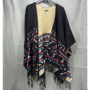 One World Cape One Size Fits Most Aztec Open Front Sweater Fringe Kaftan Poncho